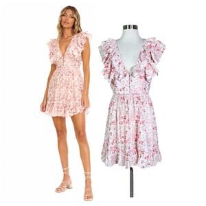 Storia | Ruffle Floral Pink Beige Short Sleeve A-Line Spring Summer Dress M